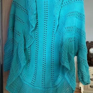 SOLD!Christina Rotallia 100%cotton aqua ruffle front&dolman like arm sweater